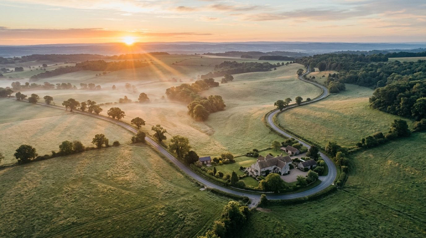 Aerial view of land and homes at sunrise